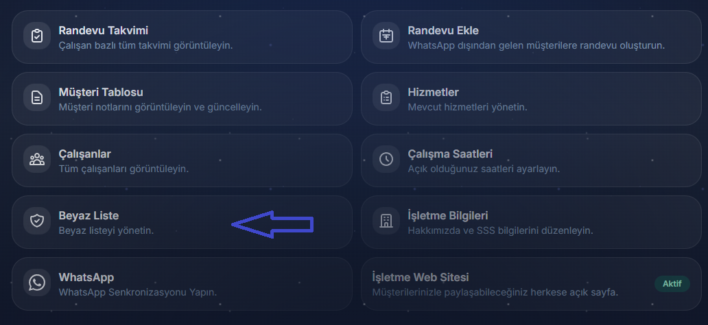 Beyaz liste dashboard menüsü