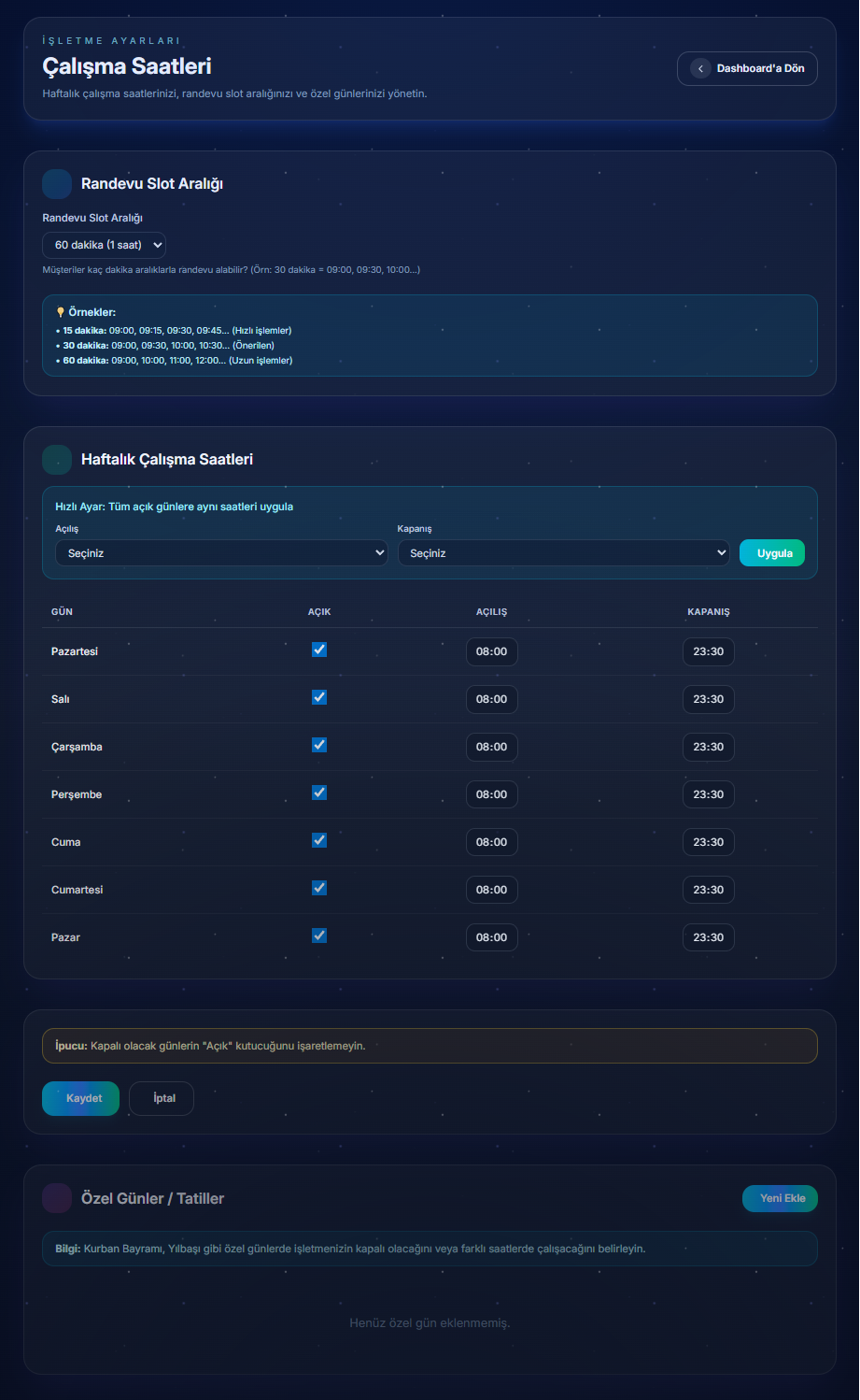 Haftalık çalışma saatleri ayarları