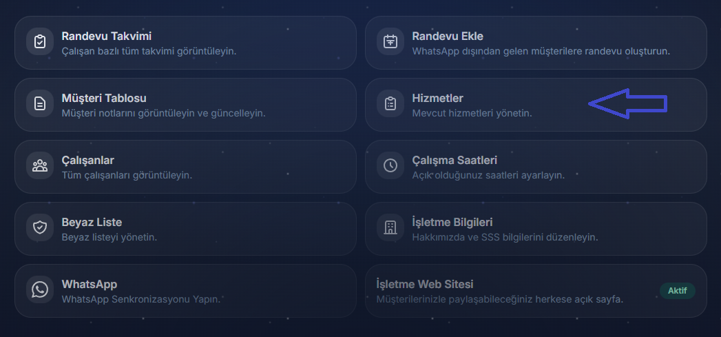 Hizmetler dashboard menüsü