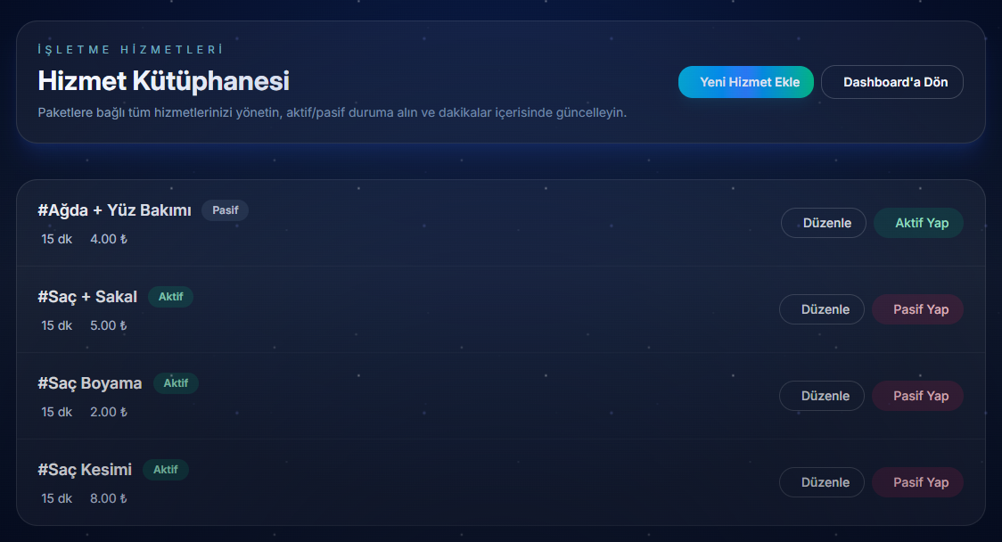 Hizmet listesi ve aktif/pasif butonları