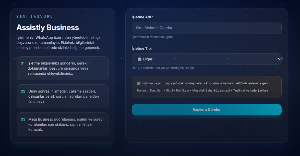 Assistly işletme kayıt formu