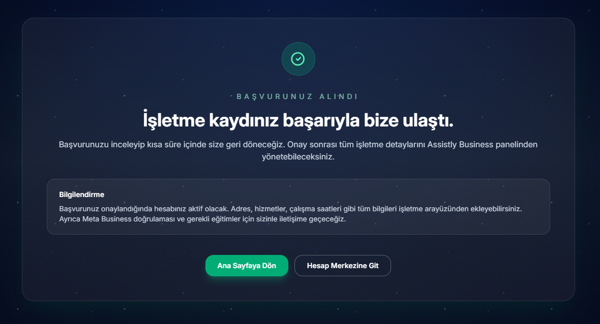 Başvurunuz alındı ekranı