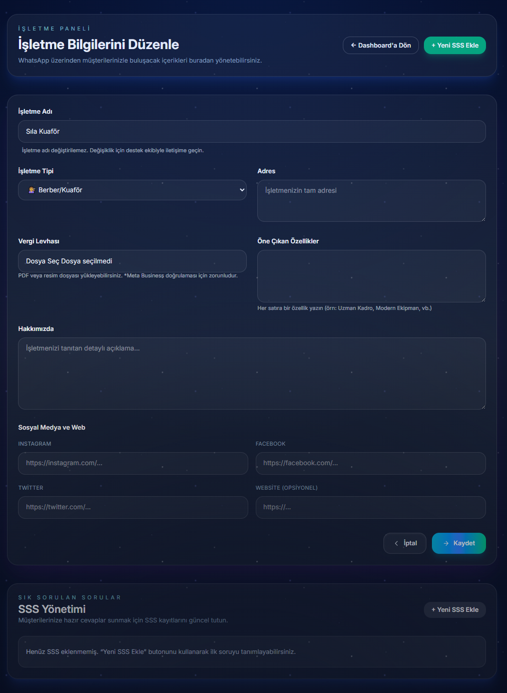 İşletme bilgileri düzenleme ekranı