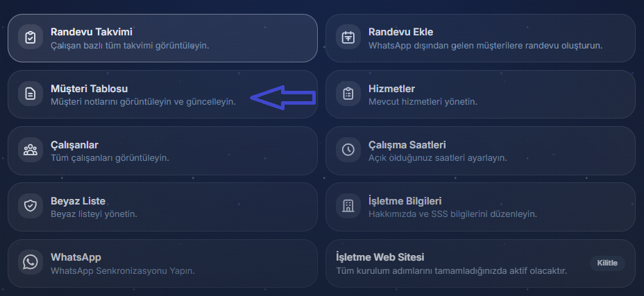 Müşteri tablosu dashboard menüsü