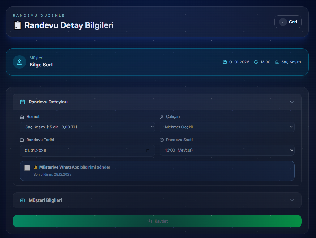 Müşteri düzenleme ekranı