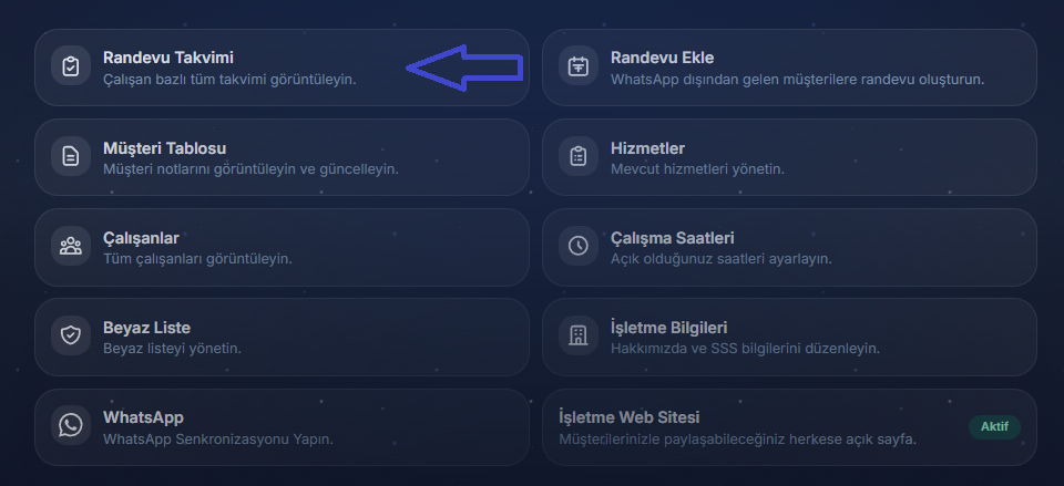 Randevu takvimi dashboard menüsü